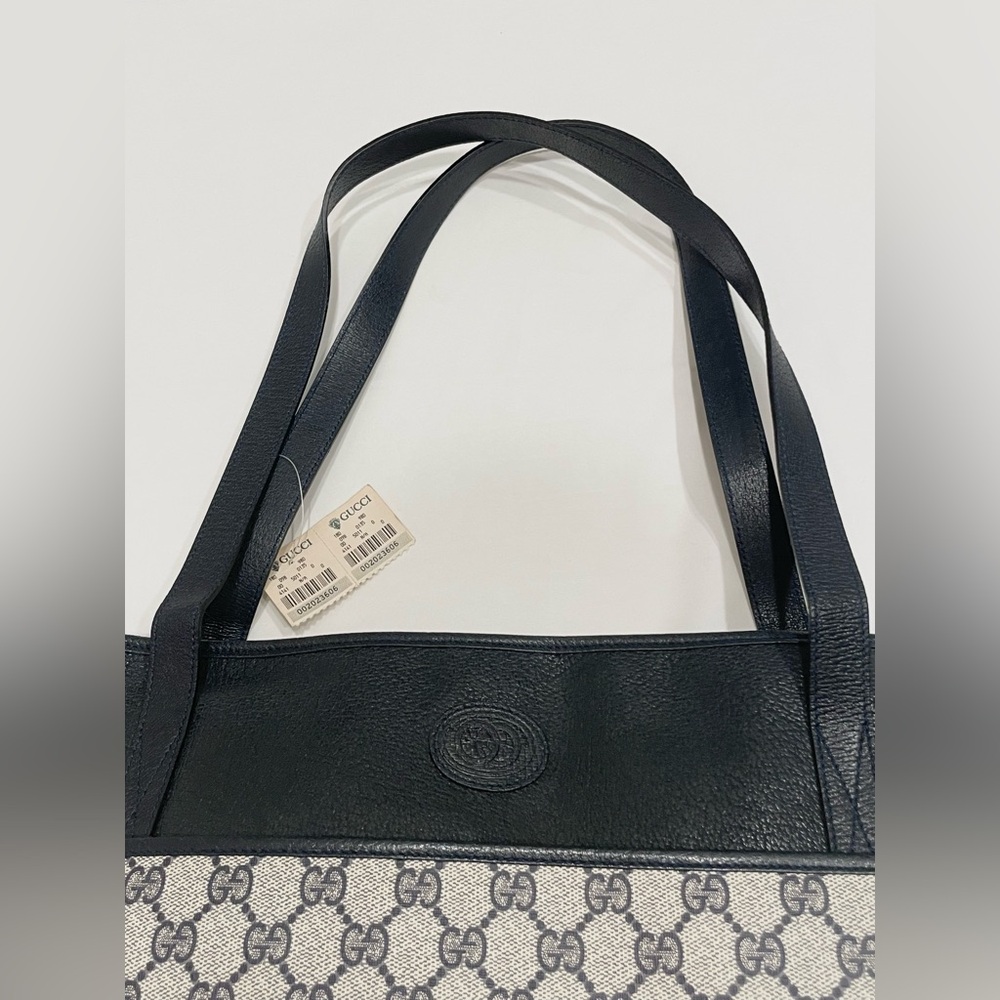 SOLD GUCCI Vintage Navy GG Monogram Large Tall Travel Tote Leather Canvas Bag - Picture 2 of 9